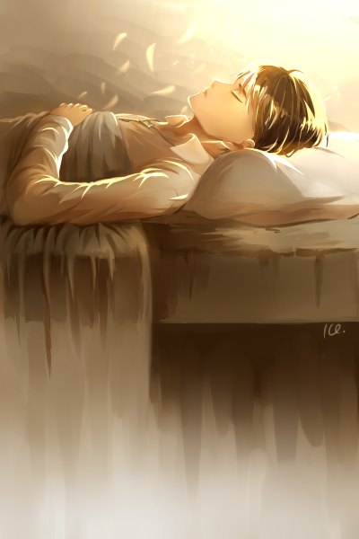 Anime picture 800x1200 with shingeki no kyojin production i.g eren yaeger single tall image fringe short hair brown hair signed lying eyes closed sunlight inscription on back boy shirt pillow