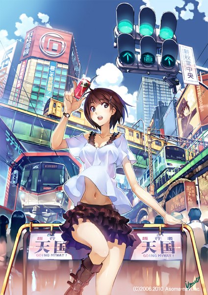 Anime picture 661x935 with original vania600 tall image looking at viewer short hair open mouth brown hair brown eyes sky cloud (clouds) city girl skirt navel boots building (buildings) mobile phone people train