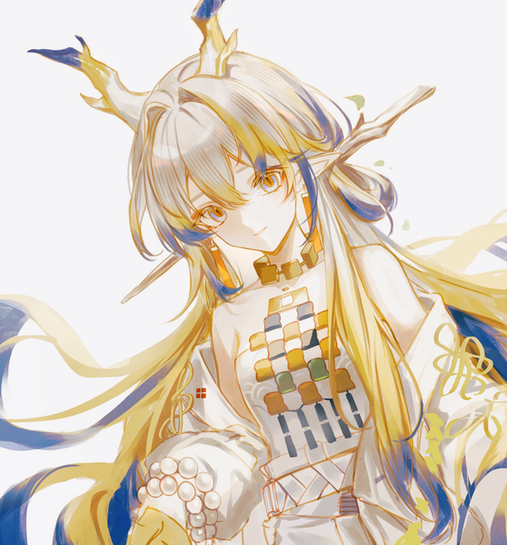 Anime picture 1120x1205 with arknights shu (arknights) lium single long hair tall image fringe blue eyes simple background hair between eyes white background silver hair upper body multicolored hair horn (horns) pointy ears streaked hair girl