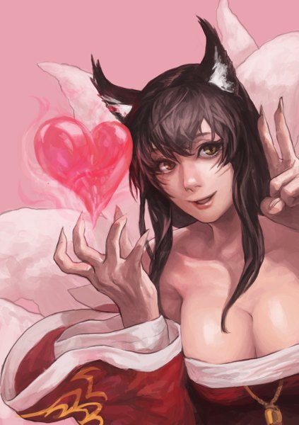 Anime picture 1748x2480 with league of legends ahri (league of legends) modare single long hair tall image fringe highres breasts open mouth smile hair between eyes brown hair brown eyes animal ears looking away cleavage tail fox ears facial mark