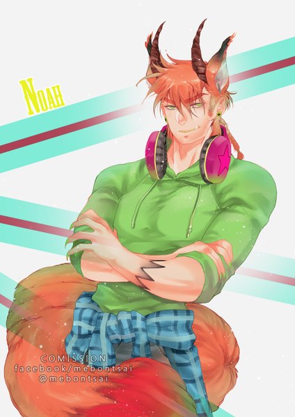 Anime picture 1000x1414 with original mebon single tall image looking at viewer fringe short hair simple background smile hair between eyes standing green eyes signed animal ears tail braid (braids) nail polish animal tail horn (horns) fingernails