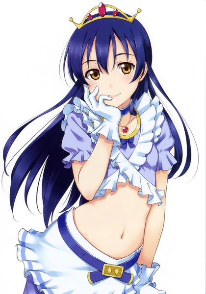 Anime picture 2144x3063 with love live! school idol project sunrise (studio) love live! sonoda umi inou shin single long hair tall image looking at viewer highres simple background smile white background brown eyes blue hair scan midriff girl dress gloves