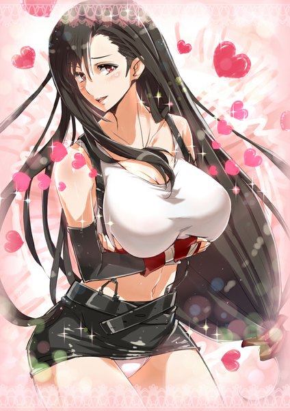 Anime picture 706x1000 with final fantasy final fantasy vii square enix tifa lockhart jirou (62sand3gemt9) single tall image blush breasts light erotic black hair red eyes large breasts very long hair sparkle pantyshot girl skirt gloves navel
