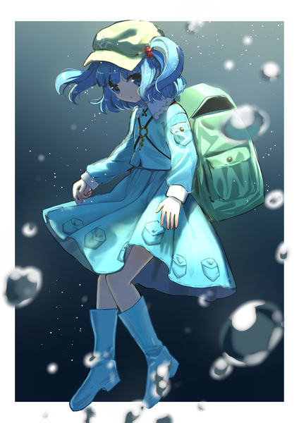 Anime-Bild 1489x2105 mit touhou kawashiro nitori suna (s73d) single tall image looking at viewer short hair blue eyes blue hair full body two side up underwater girl skirt hat knee boots bubble (bubbles) skirt set backpack flat cap