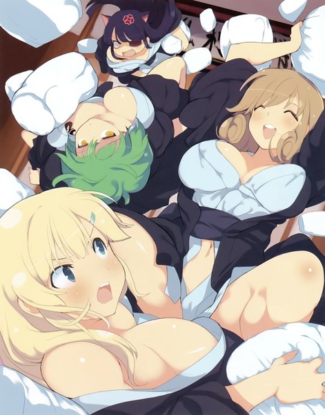 Anime picture 1177x1500 with senran kagura yomi (senran kagura) hikage (senran kagura) mirai (senran kagura) haruka (senran kagura) yaegashi nan long hair tall image short hair breasts open mouth blue eyes light erotic black hair blonde hair large breasts bare shoulders multiple girls animal ears yellow eyes