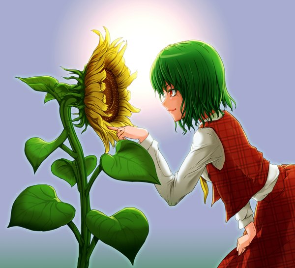 Anime picture 1440x1310 with touhou kazami yuuka ao ebi single short hair red eyes green hair girl dress skirt shirt skirt set sunflower
