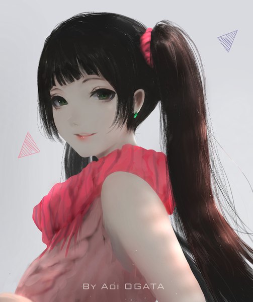 Anime picture 1360x1621 with original aoi ogata single long hair tall image looking at viewer fringe black hair simple background smile twintails bare shoulders green eyes payot upper body blunt bangs parted lips grey background sleeveless pale skin
