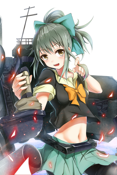 Anime picture 1200x1800 with kantai collection yuubari light cruiser bae.c single tall image looking at viewer short hair simple background white background brown eyes ponytail grey hair girl skirt navel bow hair bow sailor suit green skirt