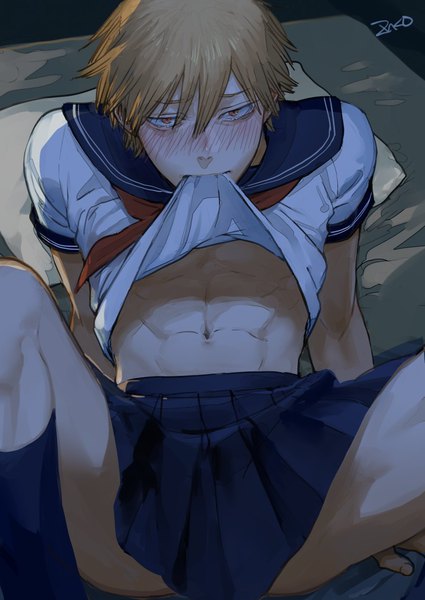 Anime-Bild 900x1271 mit chainsaw man mappa denji (chainsaw man) znko single tall image looking at viewer blush fringe short hair light erotic blonde hair hair between eyes sitting holding signed yellow eyes bent knee (knees) pleated skirt arm support