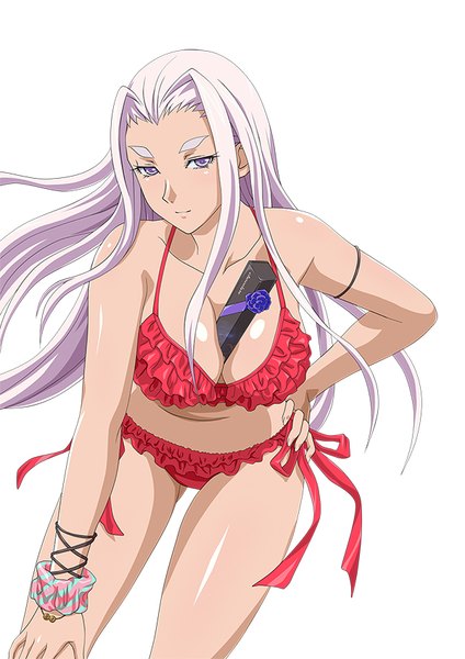 Anime picture 600x848 with ikkitousen himiko (ikkitousen) single long hair tall image breasts light erotic simple background white background purple eyes cleavage white hair underwear only girl underwear panties lingerie bra gift