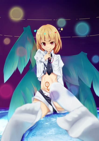 Anime picture 2507x3541 with ilis (artist) tall image highres short hair blonde hair smile red eyes legs finger to mouth girl thighhighs shirt white thighhighs wings necktie