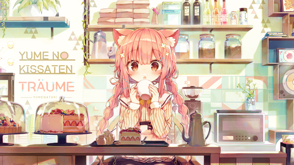 Anime picture 3000x1688 with original shnva single long hair looking at viewer blush fringe highres open mouth hair between eyes wide image holding brown eyes animal ears payot pink hair indoors braid (braids) long sleeves cat ears