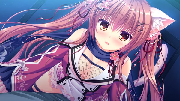 Anime picture 1920x1080 with neko-nin exheart fuuma yura takano yuki (allegro mistic) single long hair looking at viewer blush fringe highres breasts open mouth light erotic hair between eyes brown hair wide image large breasts twintails bare shoulders brown eyes animal ears