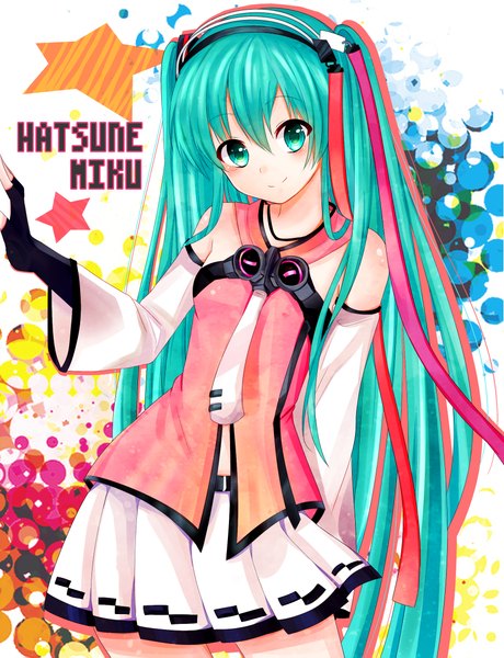 Anime picture 1774x2311 with vocaloid hatsune miku shirozakana single tall image looking at viewer highres twintails bare shoulders very long hair aqua eyes light smile aqua hair girl dress detached sleeves necktie star (symbol)