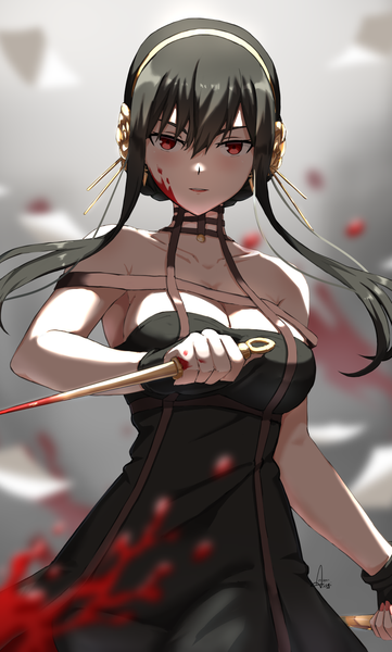 Anime picture 903x1500 with spy x family yor briar as4gi single long hair tall image looking at viewer fringe breasts light erotic black hair hair between eyes red eyes large breasts cleavage blood on face bloody weapon girl dress black dress