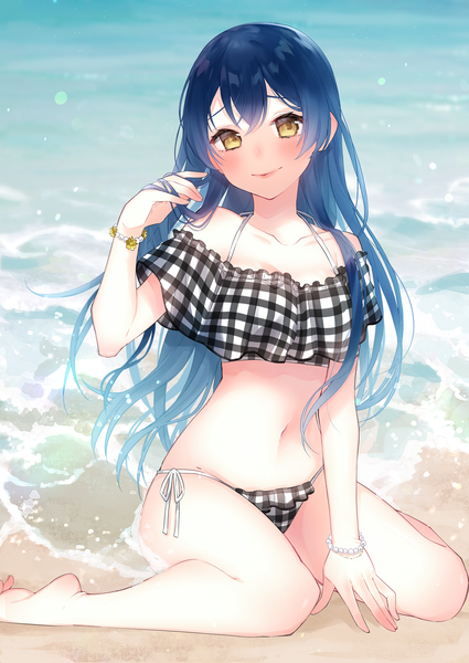 Anime picture 2508x3541 with love live! school idol project sunrise (studio) love live! sonoda umi chiyomaru (yumichiyo0606) single long hair tall image looking at viewer blush fringe highres smile hair between eyes sitting bare shoulders yellow eyes blue hair full body barefoot