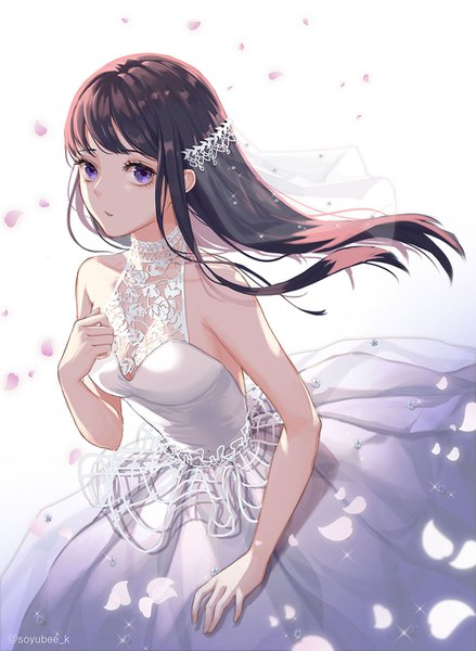 Anime picture 1000x1368 with original soyubee single long hair tall image looking at viewer fringe breasts simple background brown hair standing white background purple eyes bare shoulders signed wind sleeveless twitter username girl dress