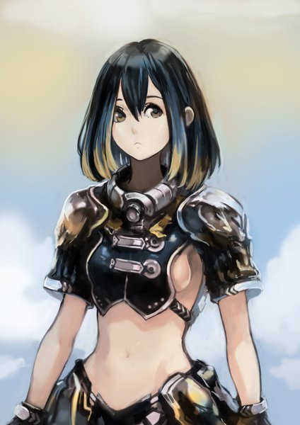 Anime picture 2480x3508 with original okuto single tall image fringe highres short hair breasts light erotic black hair hair between eyes standing brown eyes payot looking away sky cloud (clouds) upper body outdoors multicolored hair