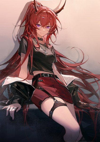 Anime picture 2480x3508 with arknights surtr (arknights) surtr (liberte echec) (arknights) 52hertz single tall image looking at viewer fringe highres breasts simple background smile hair between eyes sitting purple eyes payot bent knee (knees) red hair very long hair horn (horns)