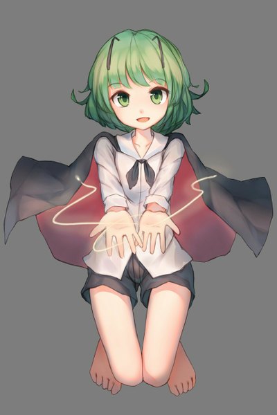Anime picture 853x1280 with touhou wriggle nightbug shone single tall image looking at viewer fringe short hair open mouth simple background green eyes barefoot green hair grey background jumping knees touching antennae girl shorts insect