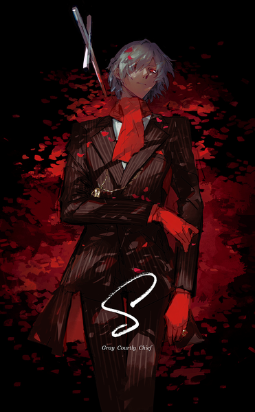 Anime picture 1386x2237 with fate (series) fate/grand order antonio salieri (fate) antonio salieri (second ascension) (fate) domu (hamadura) single tall image looking at viewer fringe short hair red eyes silver hair lying hair over one eye on back boy gloves petals scarf ring