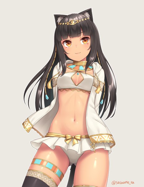 Anime picture 820x1060 with original sasaame single long hair tall image looking at viewer fringe light erotic black hair simple background standing signed animal ears yellow eyes tail blunt bangs head tilt animal tail cat ears grey background