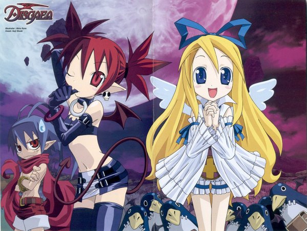 Anime picture 1428x1074 with disgaea etna (disgaea) flonne laharl twintails tail pointy ears flat chest gloves ribbon (ribbons) earrings wings elbow gloves bracelet jewelry kano akira