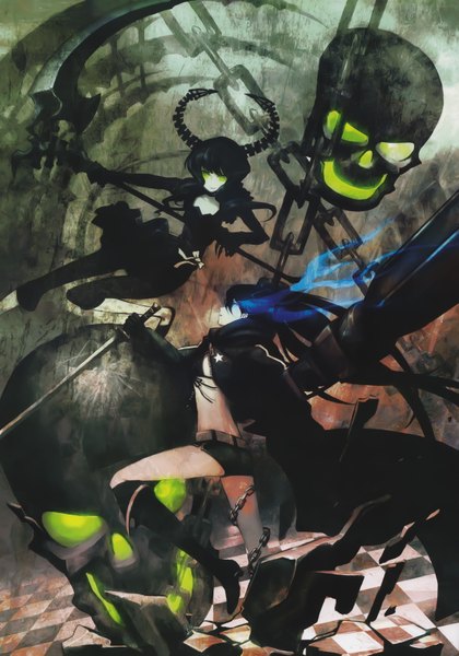 Anime picture 4902x7005 with black rock shooter black rock shooter (character) dead master huke long hair tall image highres short hair blue eyes black hair multiple girls green eyes absurdres glowing glowing eye (eyes) checkered floor battle scan artifacts girl dress