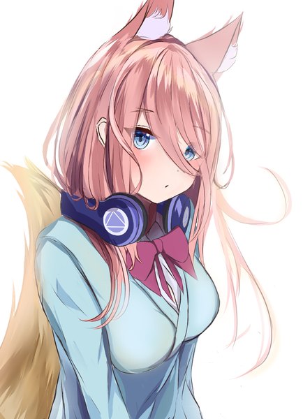 Anime picture 1594x2202 with go-toubun no hanayome nakano miku chio (sen cho) single long hair tall image looking at viewer blush fringe blue eyes simple background hair between eyes white background animal ears pink hair upper body tail animal tail fox ears fox tail