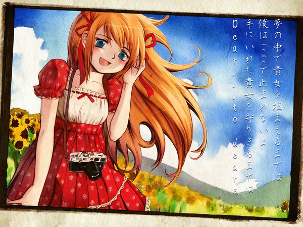 Anime picture 1024x768 with messiah cage long hair blue eyes smile standing sky cloud (clouds) red hair flat chest framed dress flower (flowers) bow plant (plants) grass lace sunflower camera
