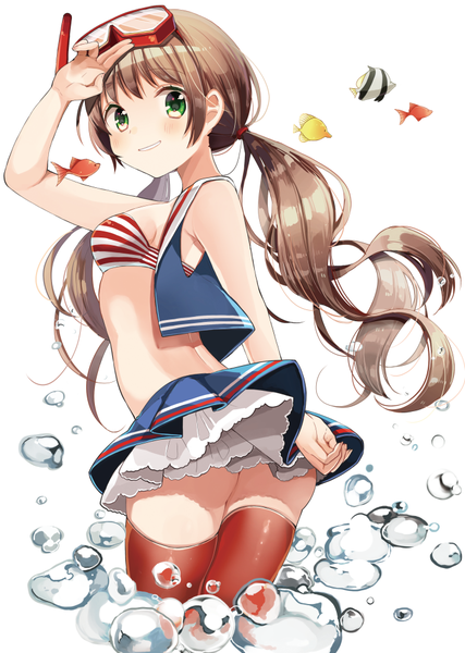 Anime picture 712x1000 with original shigure ui single long hair tall image looking at viewer blush light erotic simple background brown hair white background twintails green eyes payot ass grin floating hair turning head underwater salute