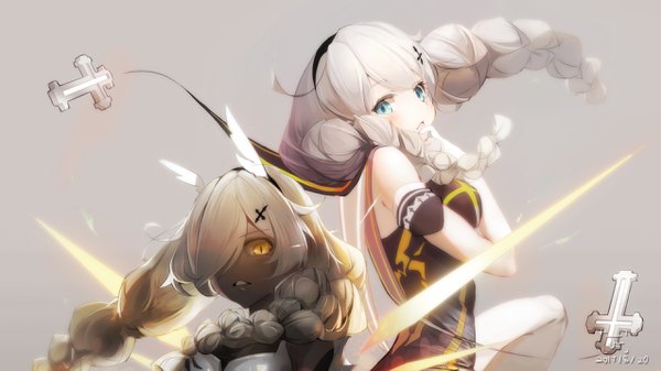 Anime picture 2550x1434 with honkai impact 3rd benghuai xueyuan honkai (series) kiana kaslana kiana kaslana (knight moonbeam) tjf long hair looking at viewer fringe highres breasts open mouth blue eyes simple background wide image multiple girls signed yellow eyes bent knee (knees) white hair