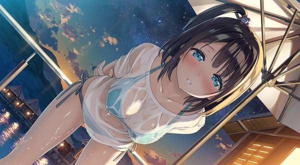 Anime picture 1881x1036 with 5 nenme no houkago kantoku single looking at viewer blush fringe highres short hair breasts blue eyes light erotic black hair smile wide image large breasts standing cloud (clouds) outdoors parted lips night