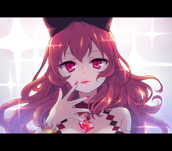 Anime picture 1748x1535 with original gucchiann single long hair looking at viewer fringe highres hair between eyes red eyes bare shoulders upper body red hair nail polish head tilt fingernails sparkle finger to mouth letterboxed wavy hair red nail polish