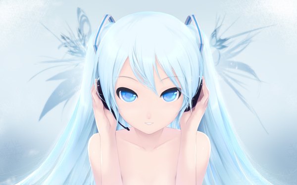 Anime picture 1600x1000 with vocaloid last night good night (vocaloid) hatsune miku cait single long hair looking at viewer fringe simple background smile wide image twintails bare shoulders upper body parted lips aqua eyes aqua hair blue background girl headphones