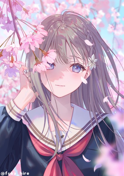 Anime picture 707x1000 with original fukahire (ruinon) single long hair tall image looking at viewer fringe blue eyes signed upper body outdoors grey hair twitter username cherry blossoms adjusting hair shaded face girl uniform flower (flowers) petals