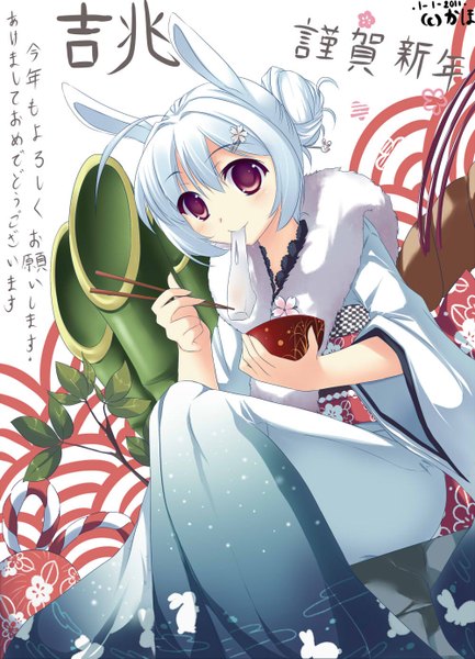 Anime picture 1000x1385 with original kaho okashii single tall image blush short hair smile ahoge white hair pink eyes hair flower bunny ears hieroglyph chinese clothes eating new year happy new year nengajou akeome girl