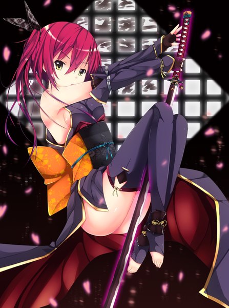 Anime picture 2799x3757 with original erimu single long hair tall image looking at viewer highres light erotic yellow eyes red hair traditional clothes japanese clothes girl thighhighs gloves weapon petals sword fingerless gloves katana
