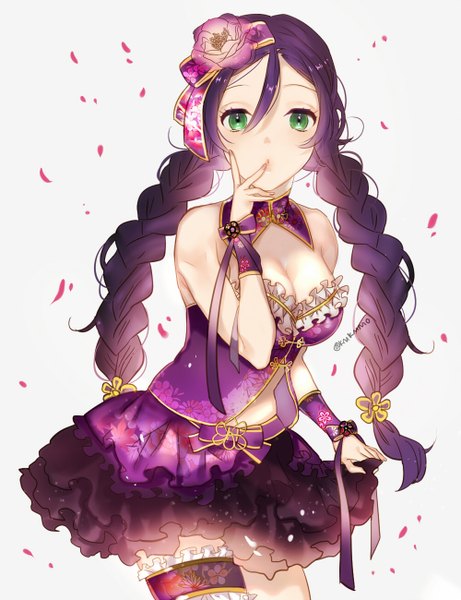 Anime picture 1000x1300 with love live! school idol project sunrise (studio) love live! toujou nozomi kyoma single long hair tall image looking at viewer blush breasts simple background large breasts standing white background bare shoulders green eyes purple hair braid (braids) hair flower