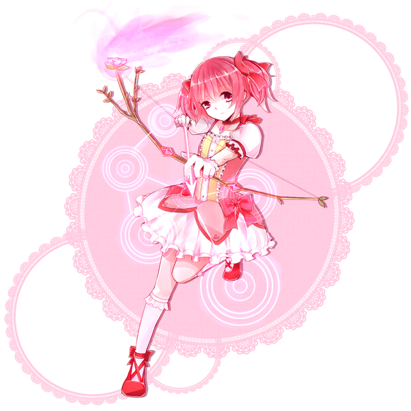 Anime picture 1150x1150 with mahou shoujo madoka magica shaft (studio) kaname madoka nana colors single looking at viewer short hair twintails pink hair full body pink eyes puffy sleeves short twintails magical girl archery girl dress weapon choker socks