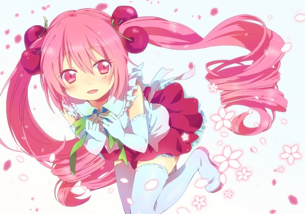 Anime picture 1253x881 with vocaloid hatsune miku sakura miku sakuro single looking at viewer blush open mouth smile twintails pink hair very long hair pink eyes drill hair girl thighhighs skirt detached sleeves miniskirt petals