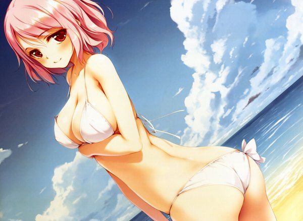 Anime picture 3172x2320 with touhou saigyouji yuyuko ke-ta blush highres short hair breasts light erotic smile pink hair absurdres sky cloud (clouds) ass pink eyes looking back beach pink background girl swimsuit