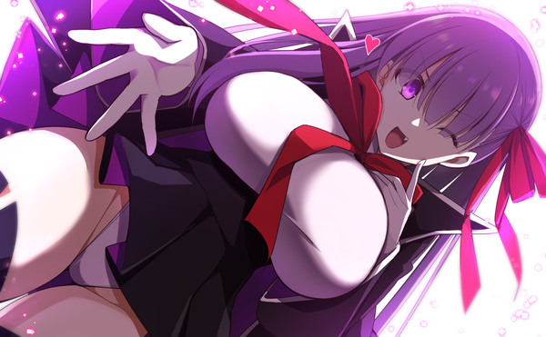 Anime picture 1200x742 with fate (series) fate/extra fate/extra ccc bb (fate) (all) bb (fate/extra) kurikara single long hair looking at viewer fringe breasts open mouth light erotic simple background hair between eyes wide image large breasts white background purple eyes purple hair