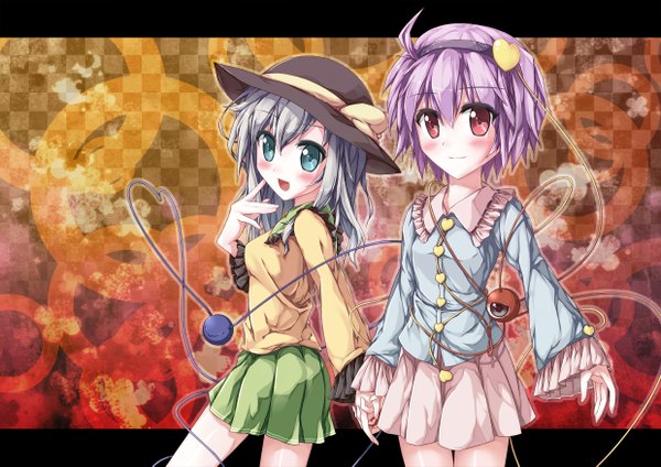 Anime picture 2480x1754 with touhou komeiji koishi komeiji satori toshizaki shouma (artist) blush highres short hair red eyes multiple girls green eyes silver hair purple hair eyes girl 2 girls hat hairband