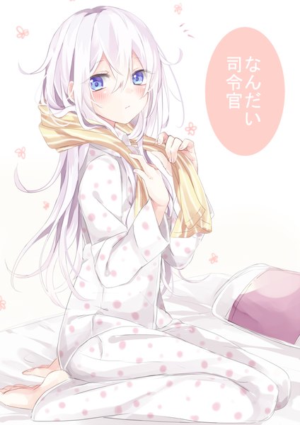 Anime picture 700x991 with kantai collection hibiki destroyer shijima (sjmr02) single long hair tall image looking at viewer blush blue eyes simple background white background sitting ahoge white hair bare legs towel around neck girl pillow bed towel