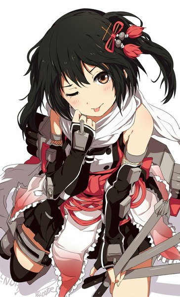 Anime picture 693x1140 with kantai collection sendai light cruiser ogipote single tall image looking at viewer short hair black hair brown eyes signed one eye closed wink two side up girl gloves hair ornament tongue scarf fingerless gloves torpedo