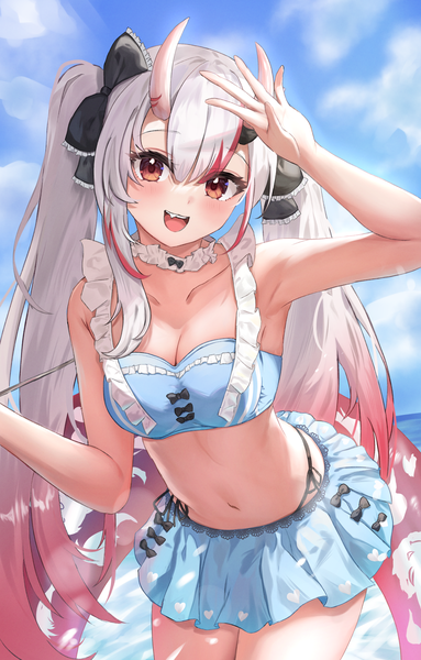 Anime picture 2110x3308 with virtual youtuber hololive nakiri ayame nakiri ayame (summertime nakiri) una hirag single long hair tall image looking at viewer fringe highres breasts open mouth light erotic hair between eyes standing twintails brown eyes sky cleavage