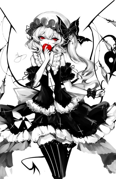 Anime-Bild 2200x3400 mit touhou flandre scarlet sheya single tall image looking at viewer fringe highres short hair simple background hair between eyes red eyes white background signed nail polish head tilt one side up monochrome black nail polish spot color