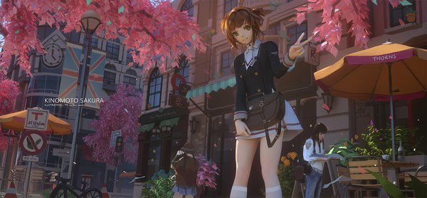 Anime picture 2000x929 with card captor sakura clamp kinomoto sakura ibara dance looking at viewer fringe highres short hair smile brown hair wide image standing green eyes outdoors light smile city victory cityscape girl skirt