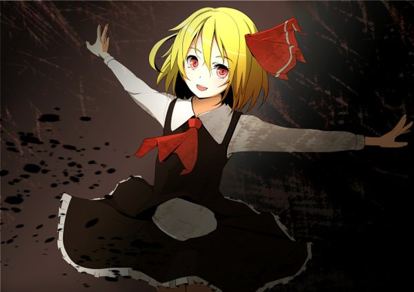 Anime picture 1222x864 with touhou rumia akasaka shop (artist) short hair open mouth blonde hair red eyes spread arms girl dress skirt bow hair bow skirt set